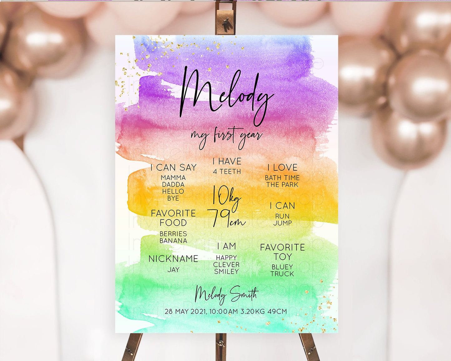 Pastel First Birthday Milestone Board Pastel Rainbow Milestone Poster Colorful Confetti Watercolor Glitter 1st Birthday Welcome Sign D10524