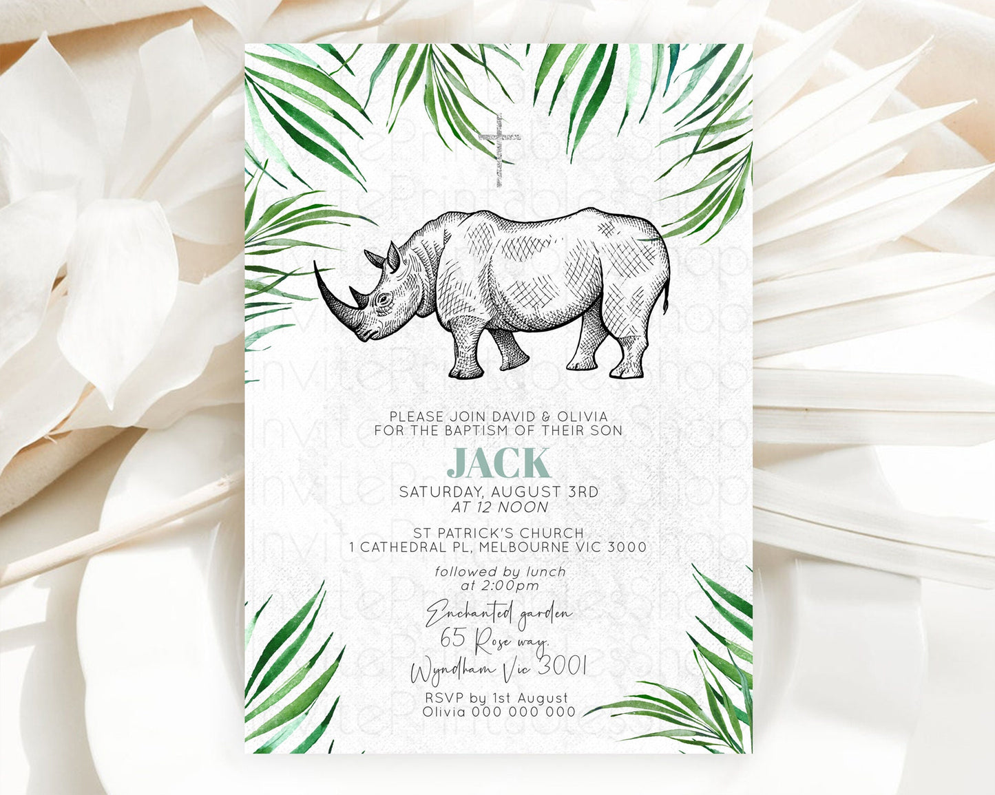 Rhino Baptism Invitation Rhino Baptism 1st Birthday Invitation Rhino Safari Adventure Christening Invitation Palm Leaf Invite Zoo D10848