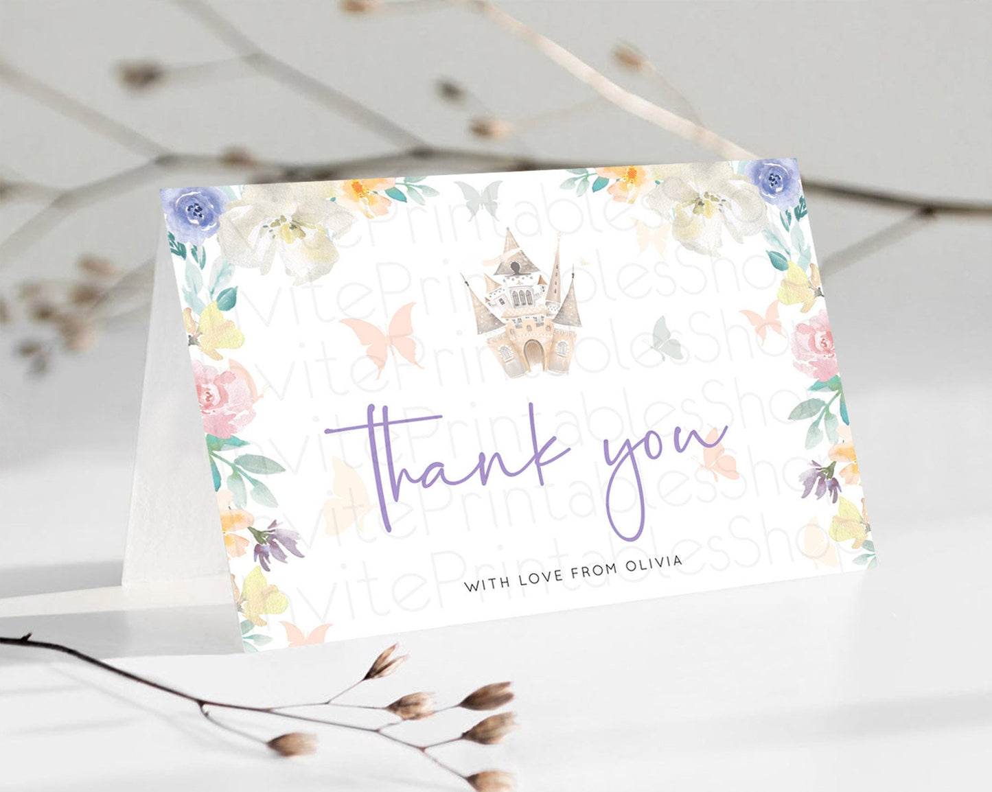 Princess Thank You Castle Thank You Card Secret Garden Birthday Thank You Card Enchanted Castle Pastel Floral Teacher Thank You Card D10709