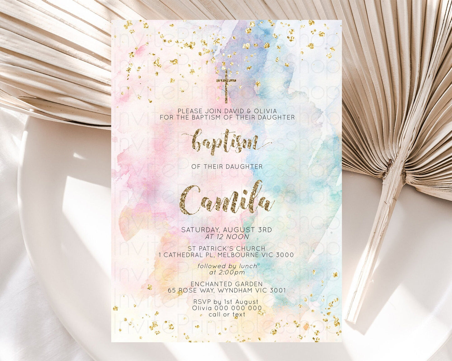 Pastel Baptism Invitation Pastel Colors Watercolor Baptism 1st Birthday Party Gold Ombre Pastel Rainbow Christening Holy Communion D10264