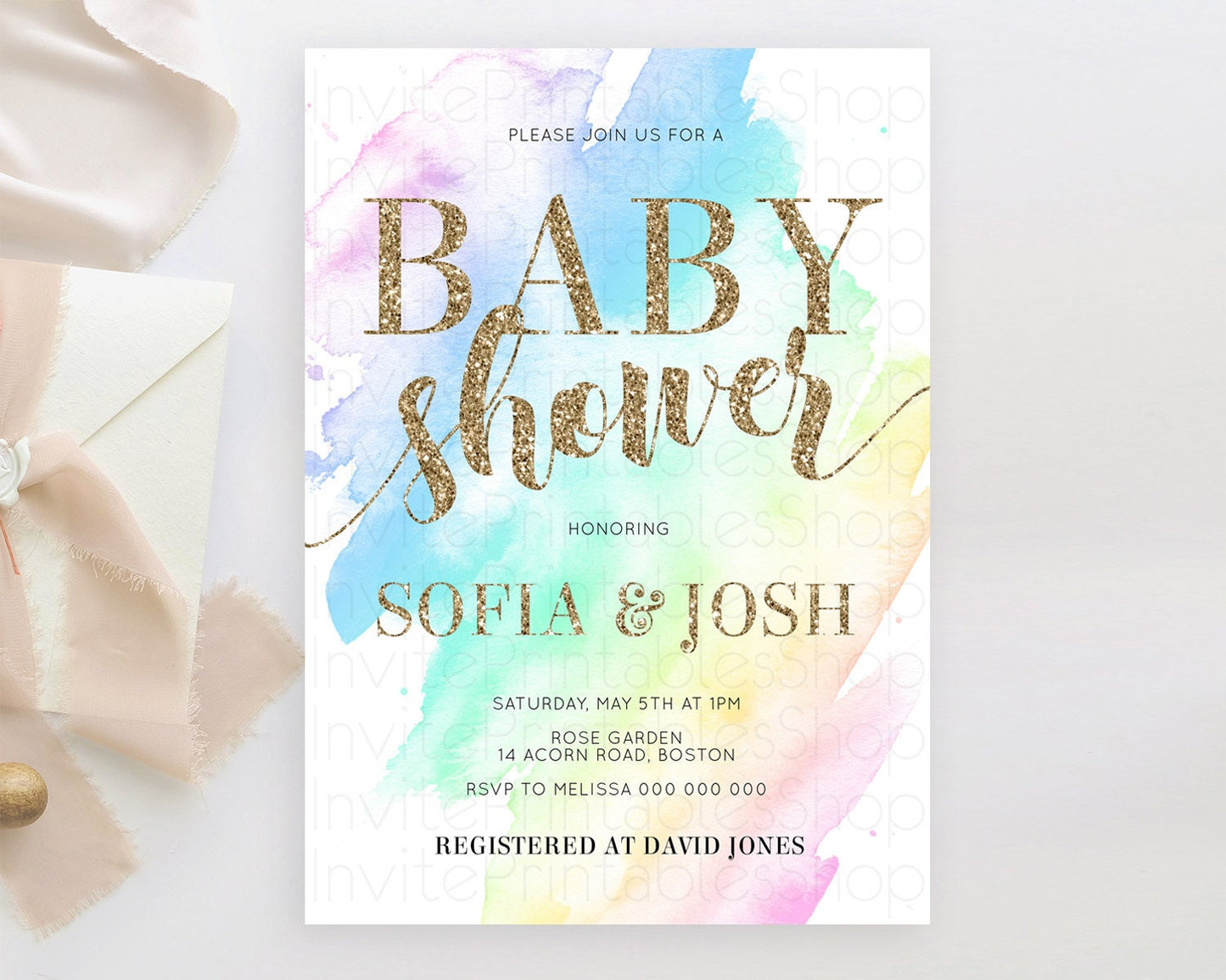 Pastel Baby Shower Invitation Rainbow Baby Shower Invitation Colorful Pastel Watercolor Invitation Gold Glitter Sprinkles Ombre D10637