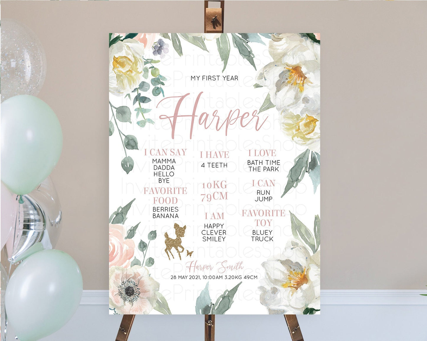 Fawn First Birthday Milestone Board Deer First Birthday Milestone Poster Enchanted Forest Butterfly Pastel Flowers 1st Birthday Sign D10120