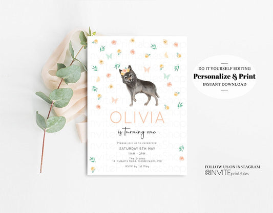 Wolf Invitation Wolf Birthday Invite Grey Baby Wolf Tribal Boho Pink Pastel Flower Crown Confetti Floral Garden Custom Invite