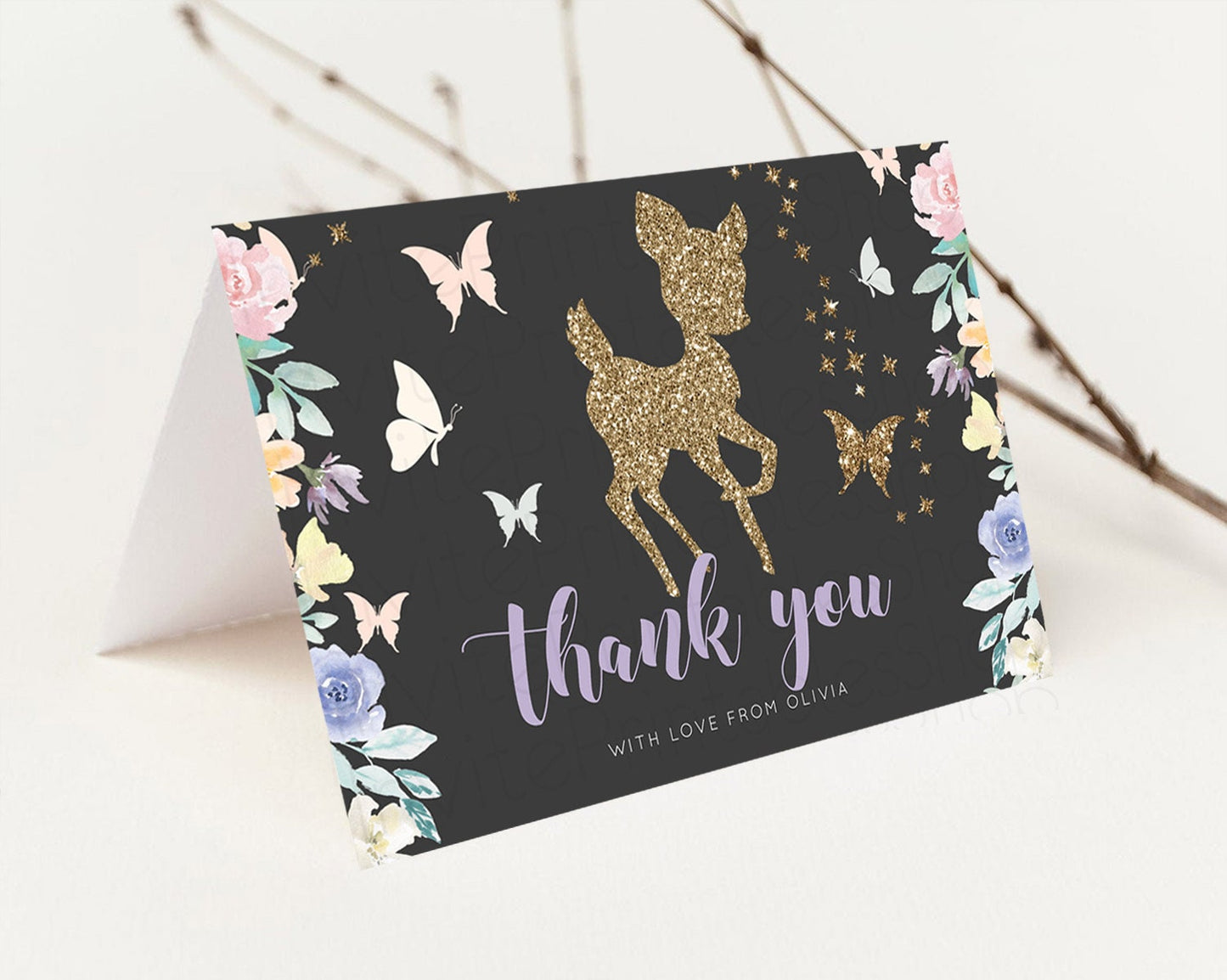 Fawn Thank You Deer Thank You Card Pastel Floral Deer Birthday Thank You Card Enchanted Forest Butterfly Deer Teacher Thank You Card D10880