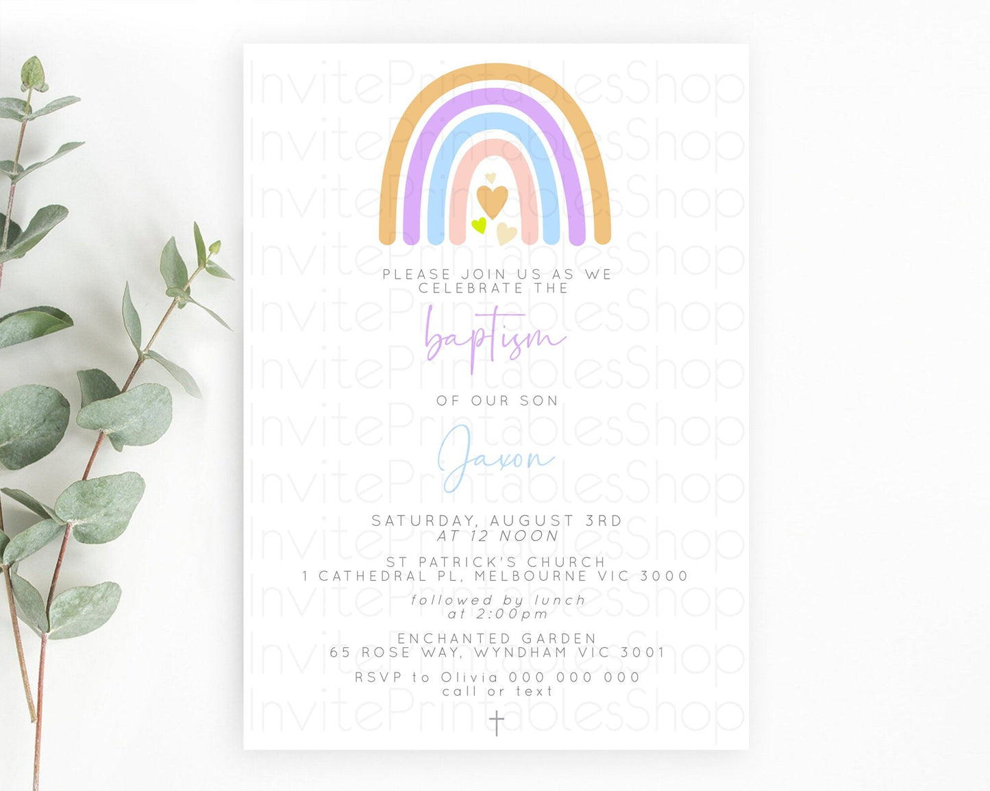 Pastel Rainbow Baptism Invitation Boho Rainbow Baptism 1st Birthday Invitation Rainbow Pastel Watercolor Christening Invitation D10238