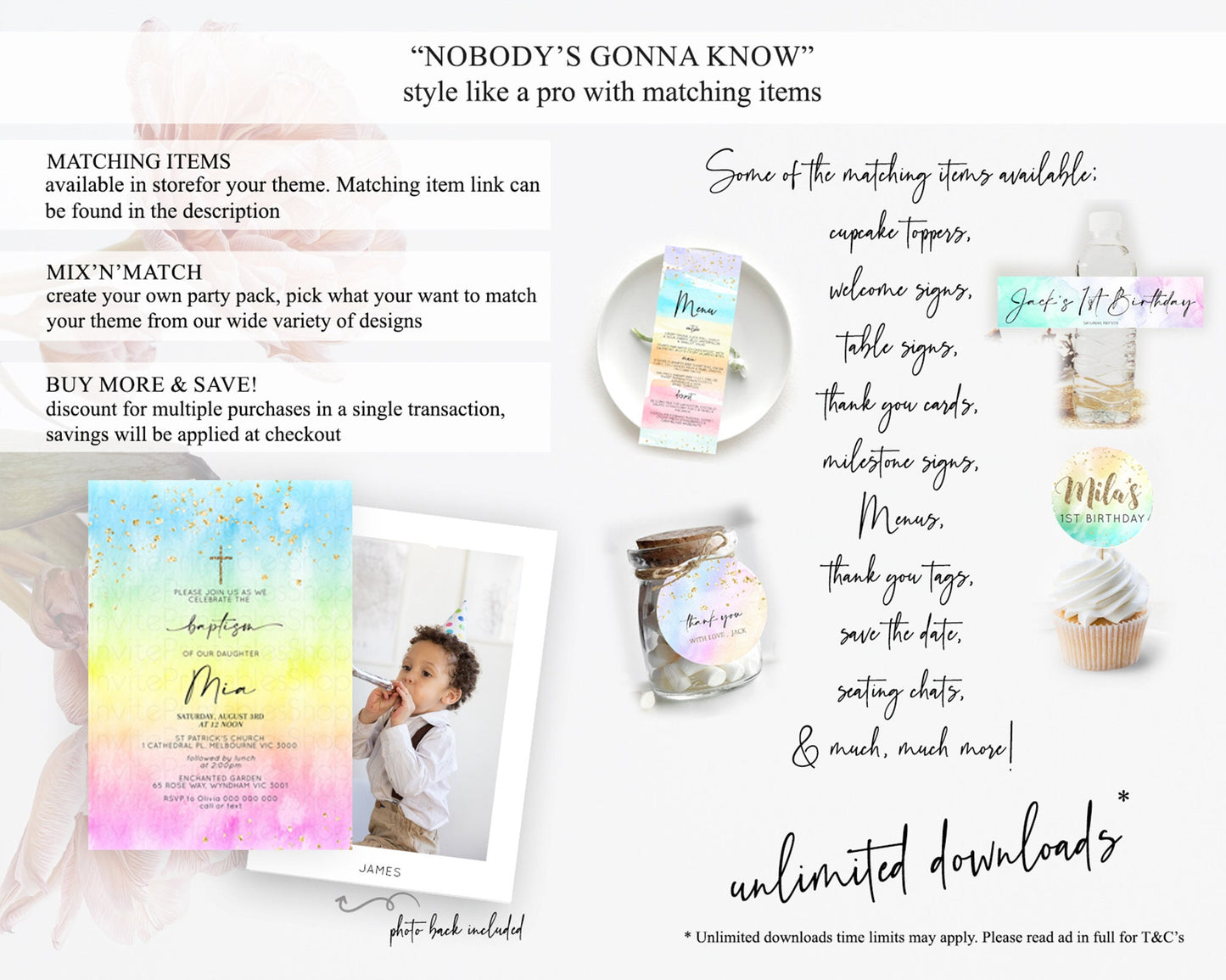 Pastel Baptism Invitation Pastel Colors Watercolor Baptism 1st Birthday Party Gold Ombre Pastel Rainbow Christening Holy Communion D10483