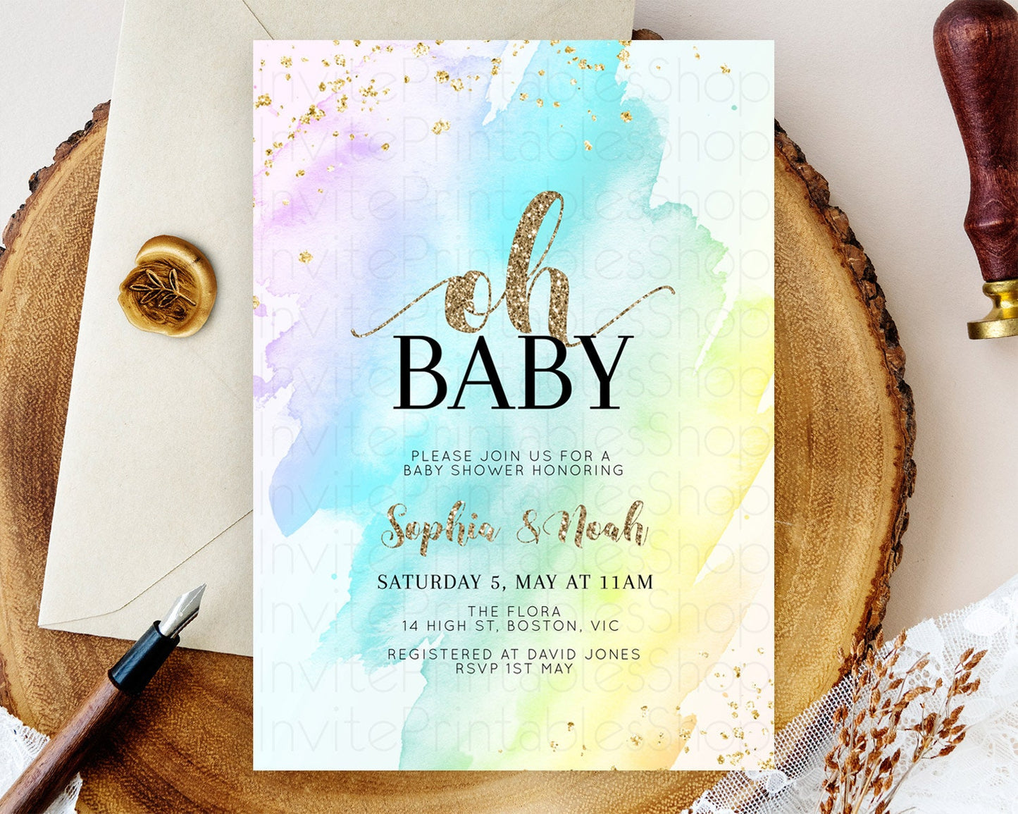 Pastel Baby Shower Invitation Rainbow Baby Shower Invitation Colorful Pastel Watercolor Invitation Gold Glitter Sprinkles Ombre D11026