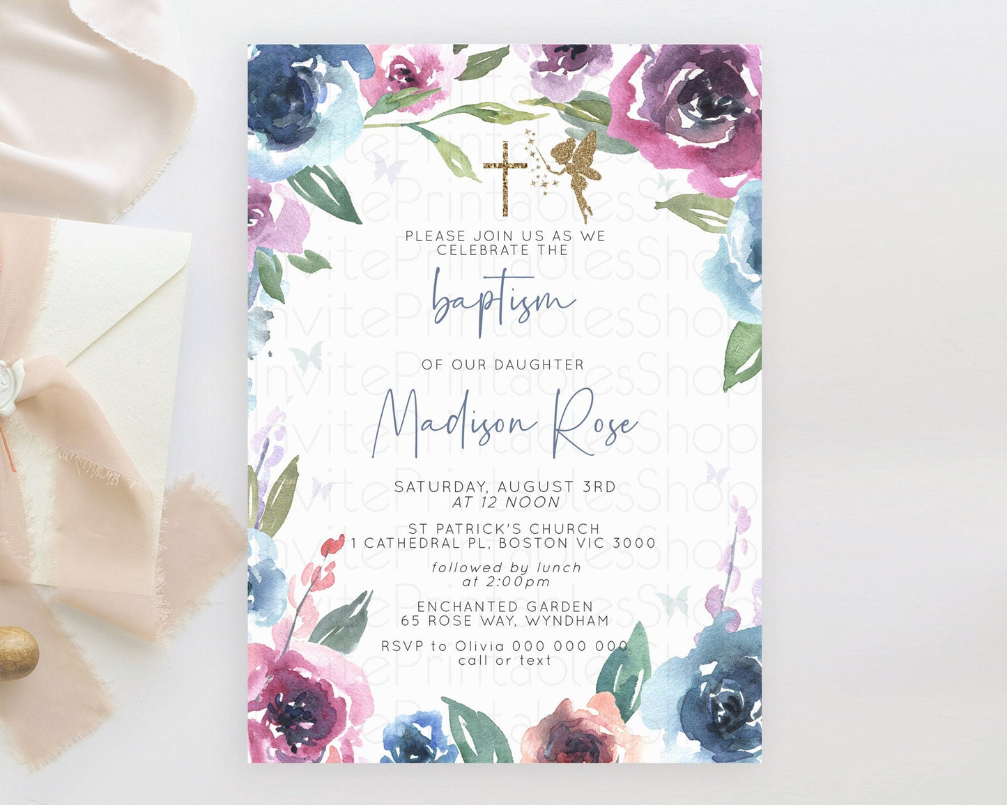 Fairy Baptism Invitation Fairy Baptism 1st Birthday Invitation Enchanted Secret Garden Christening Invite Pastel Floral Butterfly D10188