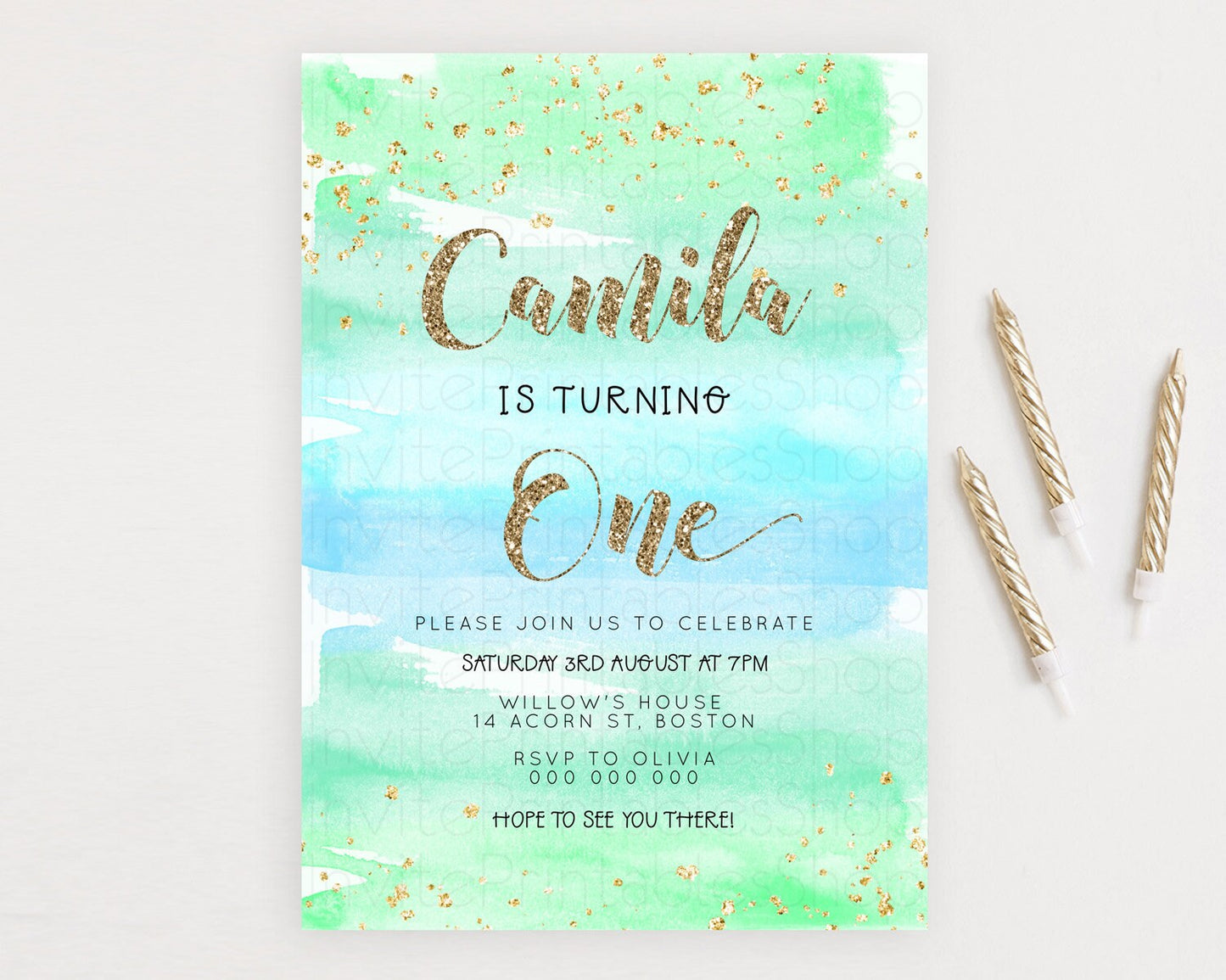 Green Birthday Invitation green Watercolor Invitation Pastel green Watercolor Invitation green Splash Gold Invitation First Birthday D23276