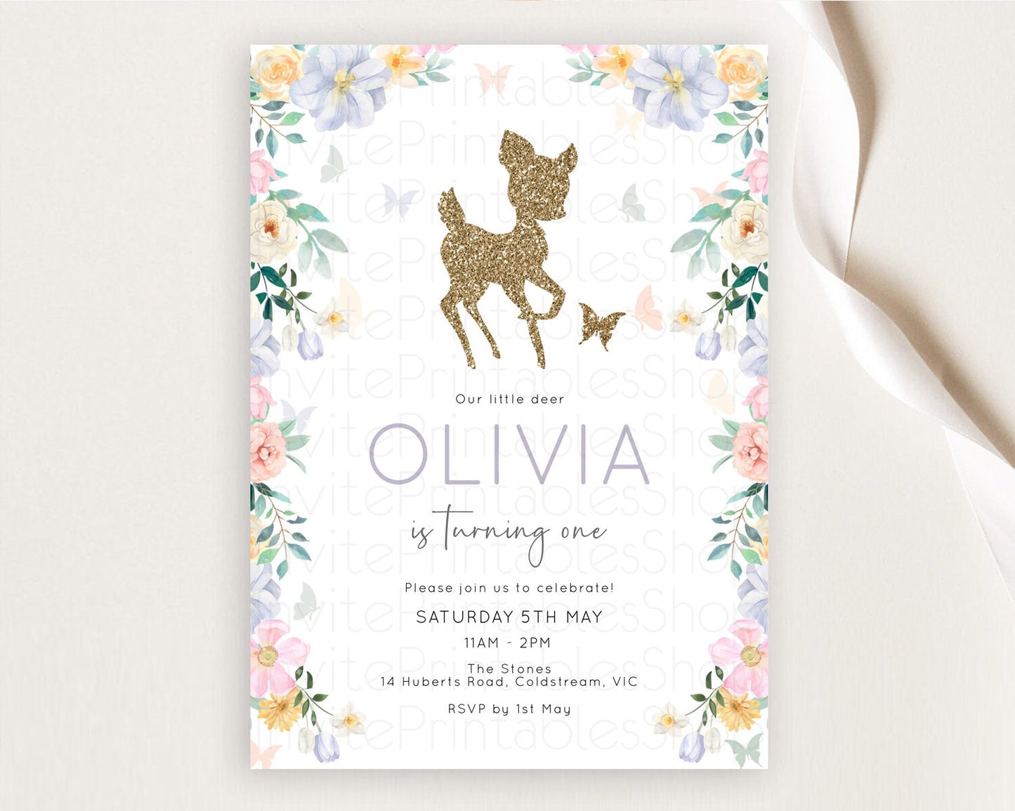 Fawn Birthday Invitation Deer Birthday Invitation Enchanted Forest Party Butterfly Pastel Flowers Whimsical 2nd 1st First Birthday D10477