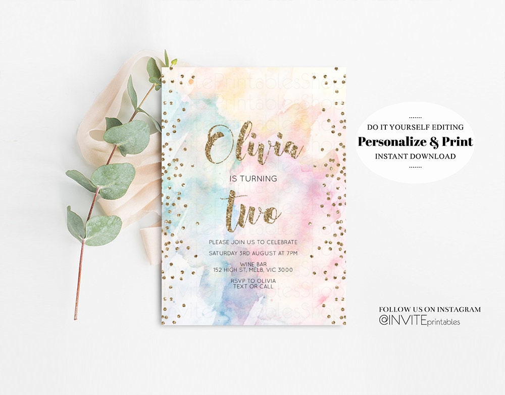 Rainbow Birthday Invitation Colorful Watercolor Gold Glitter Sprinkles Ombre Pastel Invitation 1st 2nd 3rd Printable Editable Invite 455