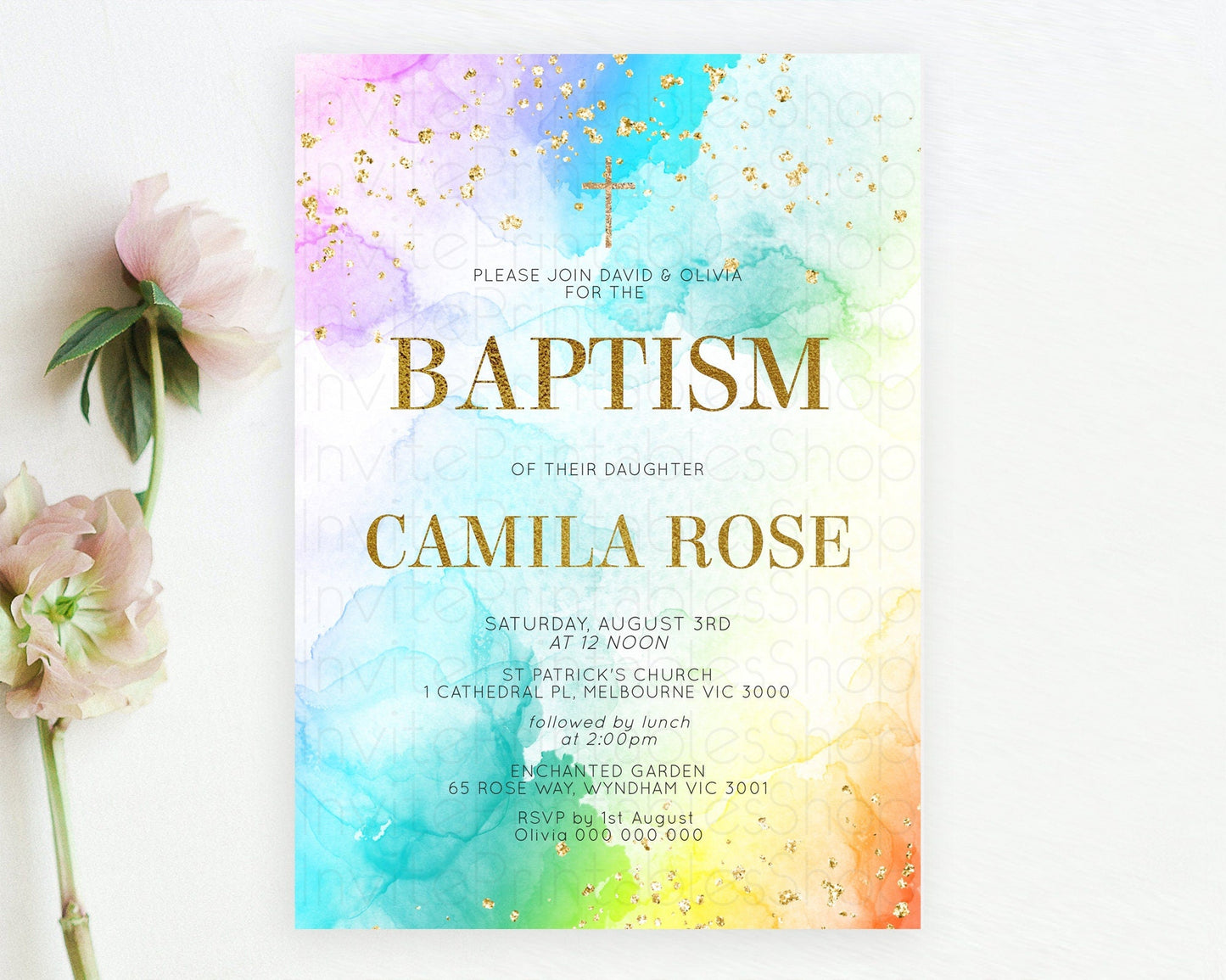 Pastel Baptism Invitation Pastel Colors Watercolor Baptism 1st Birthday Party Gold Ombre Pastel Rainbow Christening Holy Communion D10961