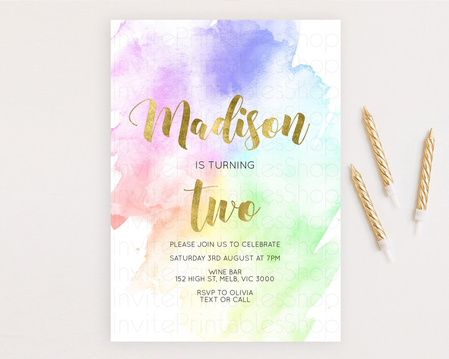 Rainbow Birthday Invitation Colorful Pastel Watercolor Invitation Gold Glitter Sprinkles Ombre Pastel 1st 2nd 3rd Birthday D10876