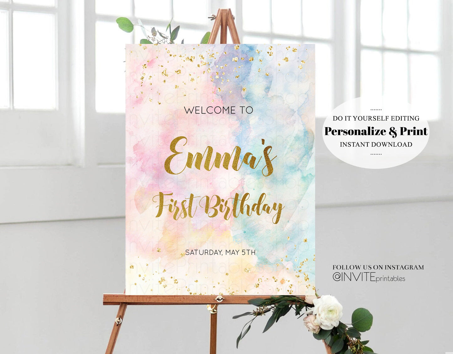 Rainbow Welcome Sign Pastel Watercolor Welcome Board Gold Glitter Foil Colorful Paint Splash Party Entry Sign Poster Birthday 276