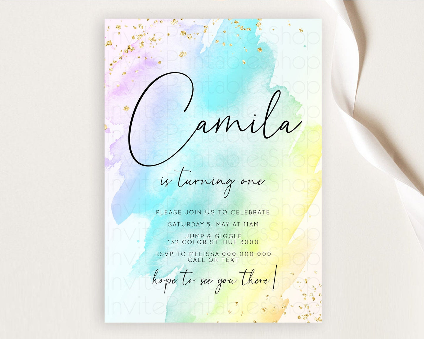 Rainbow Birthday Invitation Colorful Pastel Watercolor Invitation Gold Glitter Sprinkles Ombre Pastel 1st 2nd 3rd Birthday D10773