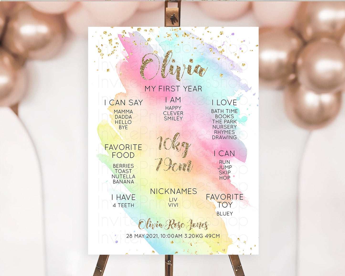 Pastel First Birthday Milestone Board Pastel Rainbow Milestone Poster Colorful Confetti Watercolor Glitter 1st Birthday Welcome Sign D10495