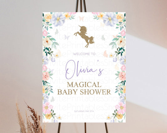 Editable Unicorn Garden Baby Shower Welcome Sign Floral Unicorn Welcome Boar