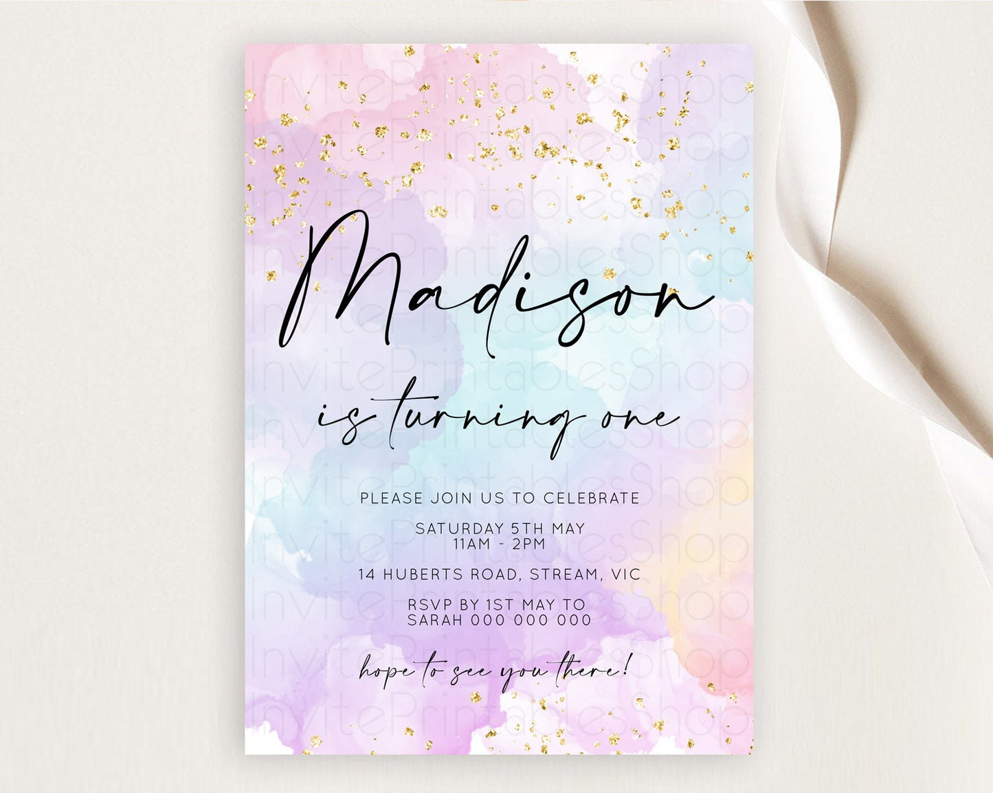 Rainbow Birthday Invitation Colorful Pastel Watercolor Invitation Gold Glitter Sprinkles Ombre Pastel 1st 2nd 3rd Birthday D10623