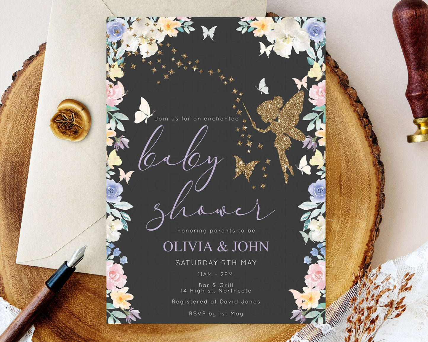 Fairy Baby Shower Invitation Pastel Fairy Invites Fairy Tea Party Fairy Garden Theme Secret Garden Enchanted Garden Floral Butterfly D10881