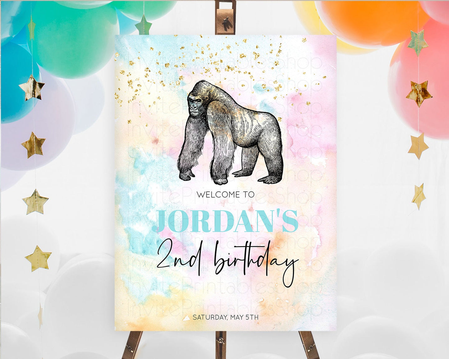 Pastel Gorilla Welcome Sign Rainbow Gorilla Welcome Board Colorful Rainbow Pastel Confetti Watercolor First Birthday Welcome Sign D10284