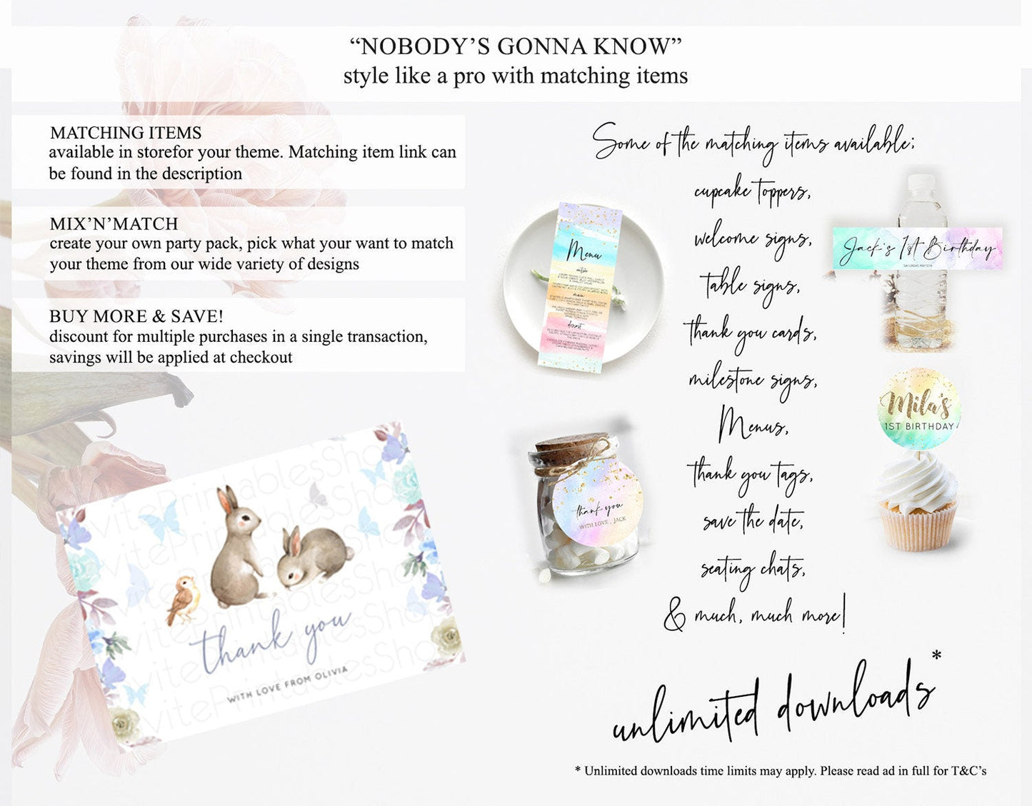 Bunny Thank You Floral Bunny Thank You Card Pastel Flowers Bunny Birthday Thank You Card Secret Garden Bunny Teacher Thank You Cards D10927