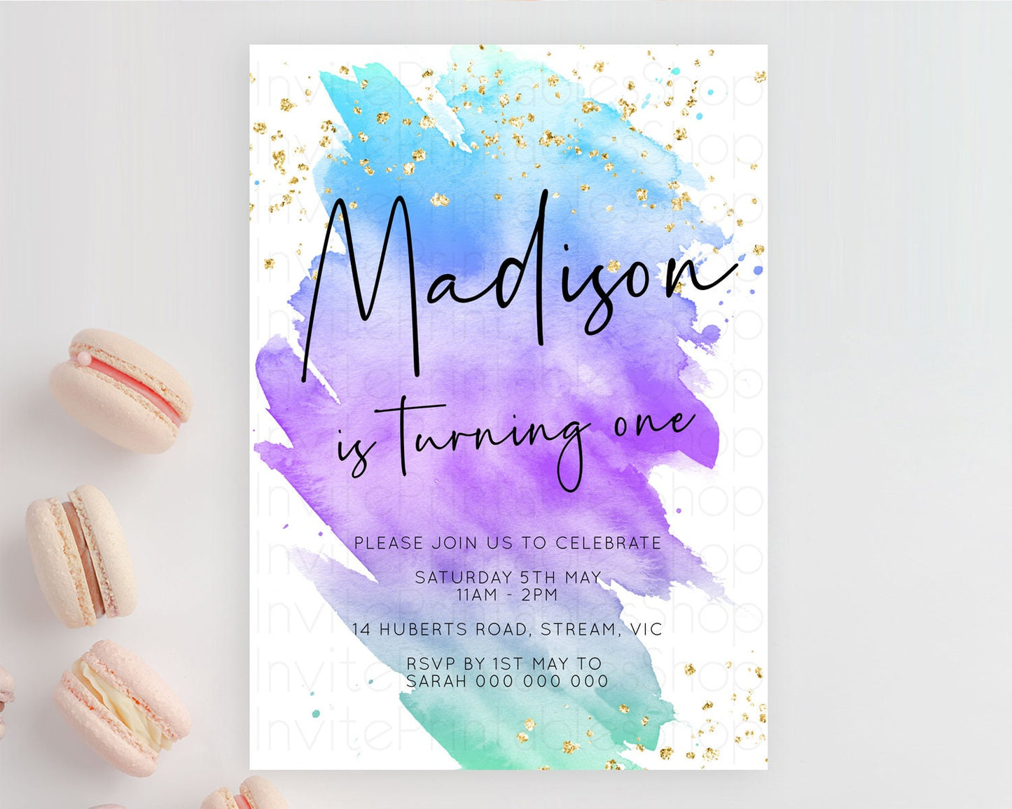 Rainbow Birthday Invitation Colorful Pastel Watercolor Invitation Gold Glitter Sprinkles Ombre Pastel 1st 2nd 3rd Birthday D10491