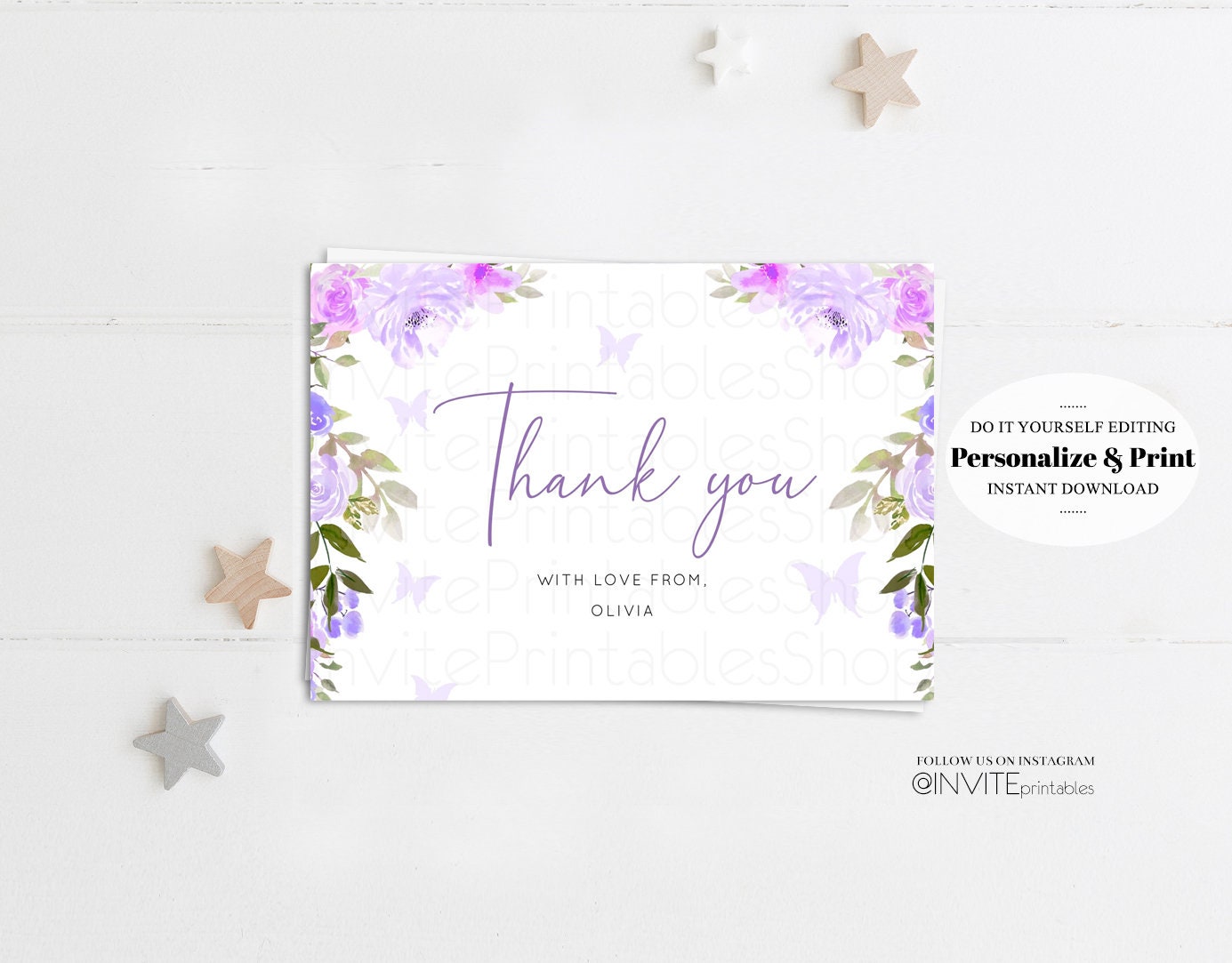 Floral Thank You Card Watercolor Purple Butterflies Flowers Modern Custom Message Birthday Baby Shower Flat Postcard Printable Template