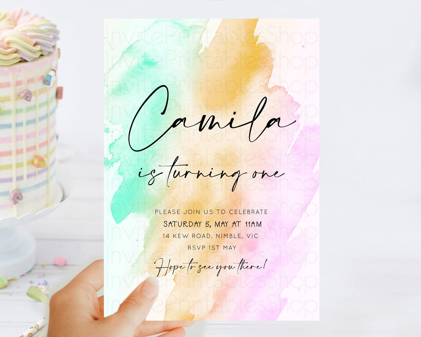 Editable Rainbow Birthday Invitation Colorful Pastel Watercolor Invitation G