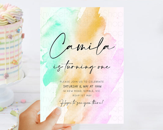 Editable Rainbow Birthday Invitation Colorful Pastel Watercolor Invitation G