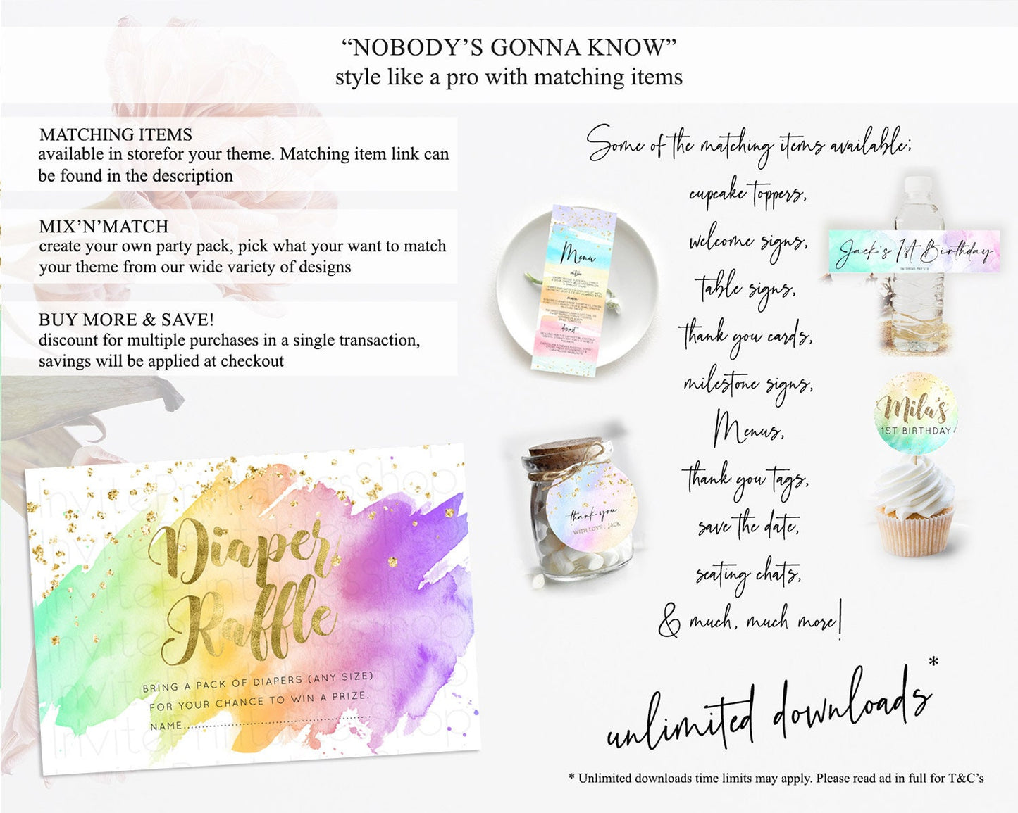 Pastel Diaper Raffle Card Pastel Rainbow Diaper Raffle Insert Colorful Ombre Watercolor Diaper Ticket Confetti Glitter Raffle Game D10517