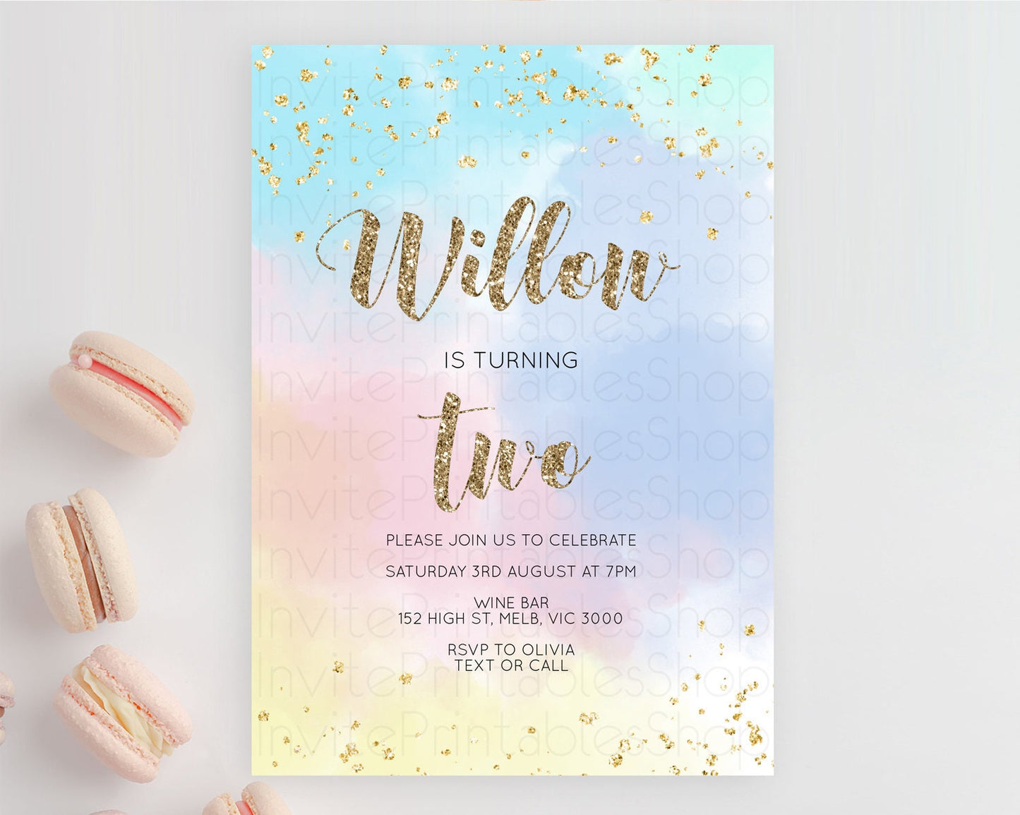 Rainbow Birthday Invitation Colorful Pastel Watercolor Invitation Gold Glitter Sprinkles Ombre Pastel 1st 2nd 3rd Birthday D10367