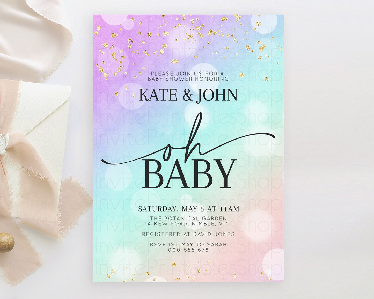 Pastel Baby Shower Invitation Rainbow Baby Shower Invitation Colorful Pastel Watercolor Invitation Gold Glitter Sprinkles Ombre D10618