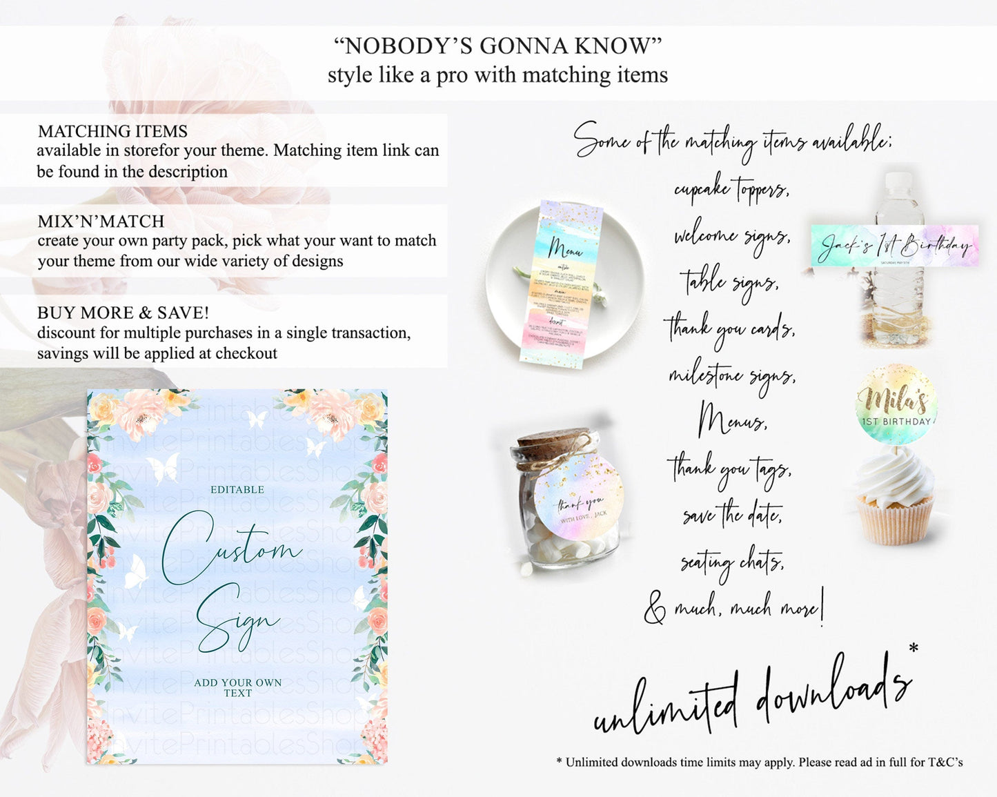 Wildflower Floral Table Sign Decor Secret Garden Sign Template Pastel Floral Garden Party Boho Flowers Birthday Baby Shower Wedding D10337