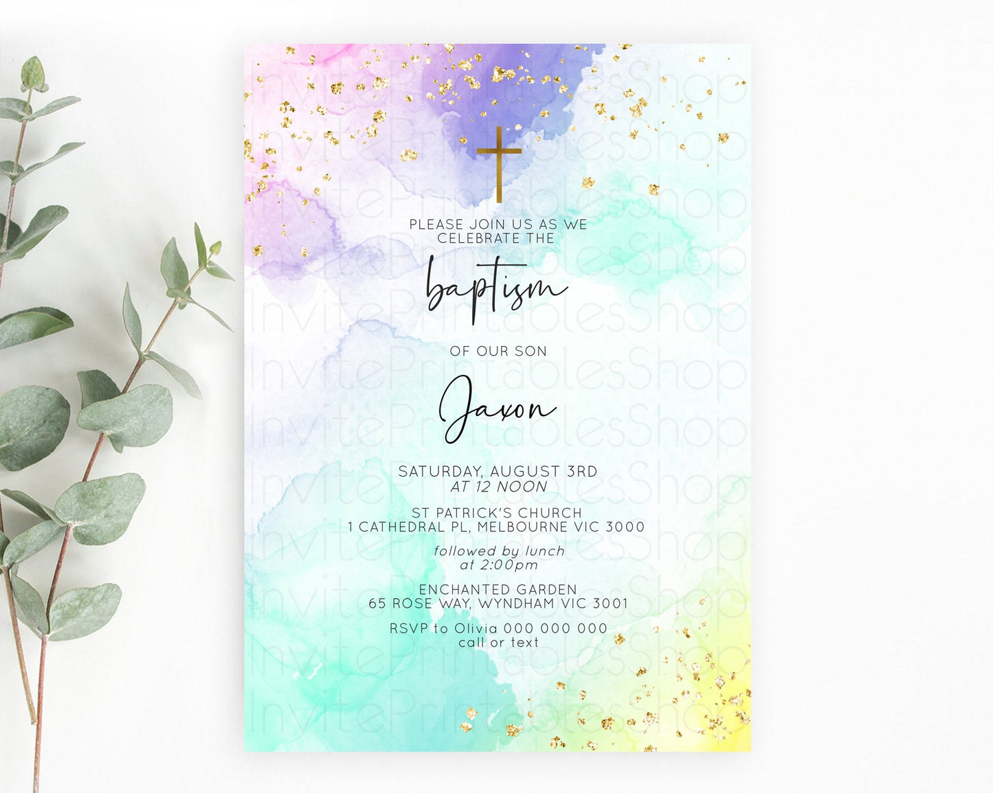 Pastel Baptism Invitation Pastel Colors Watercolor Baptism 1st Birthday Party Gold Ombre Pastel Rainbow Christening Holy Communion D10158