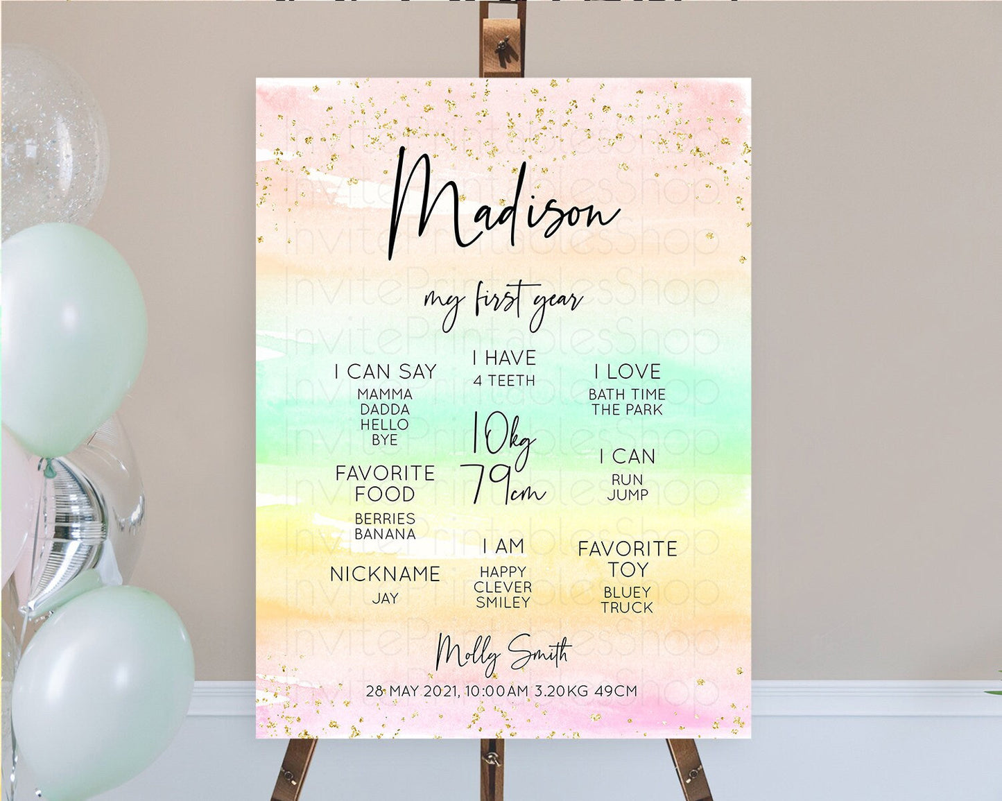 Pastel First Birthday Milestone Board Pastel Rainbow Milestone Poster Colorful Confetti Watercolor Glitter 1st Birthday Welcome Sign D10591