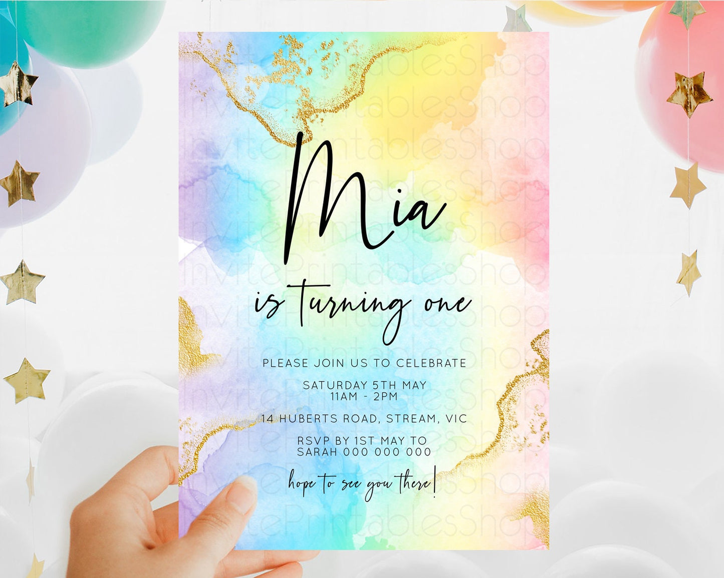 Editable Rainbow Birthday Invitation Colorful Pastel Watercolor Invitation G