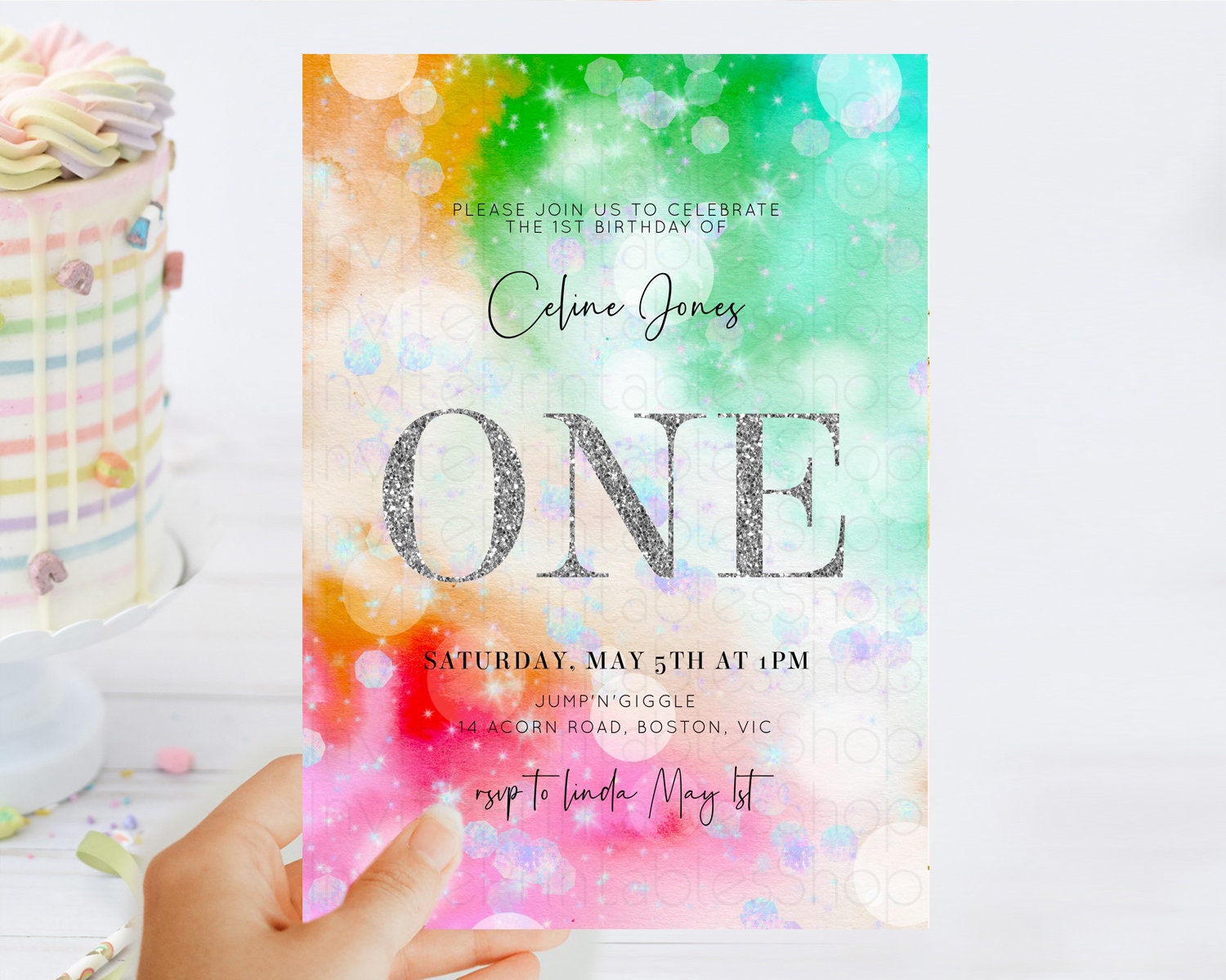 Editable Rainbow Birthday Invitation Colorful Pastel Watercolor Silver Glitt