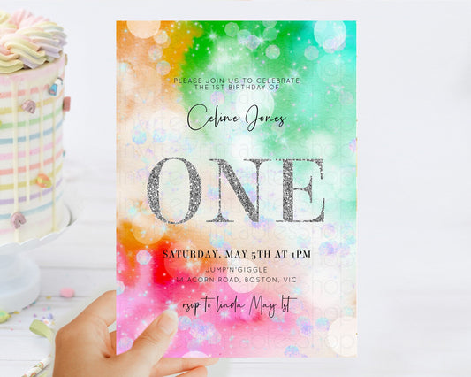 Editable Rainbow Birthday Invitation Colorful Pastel Watercolor Silver Glitt