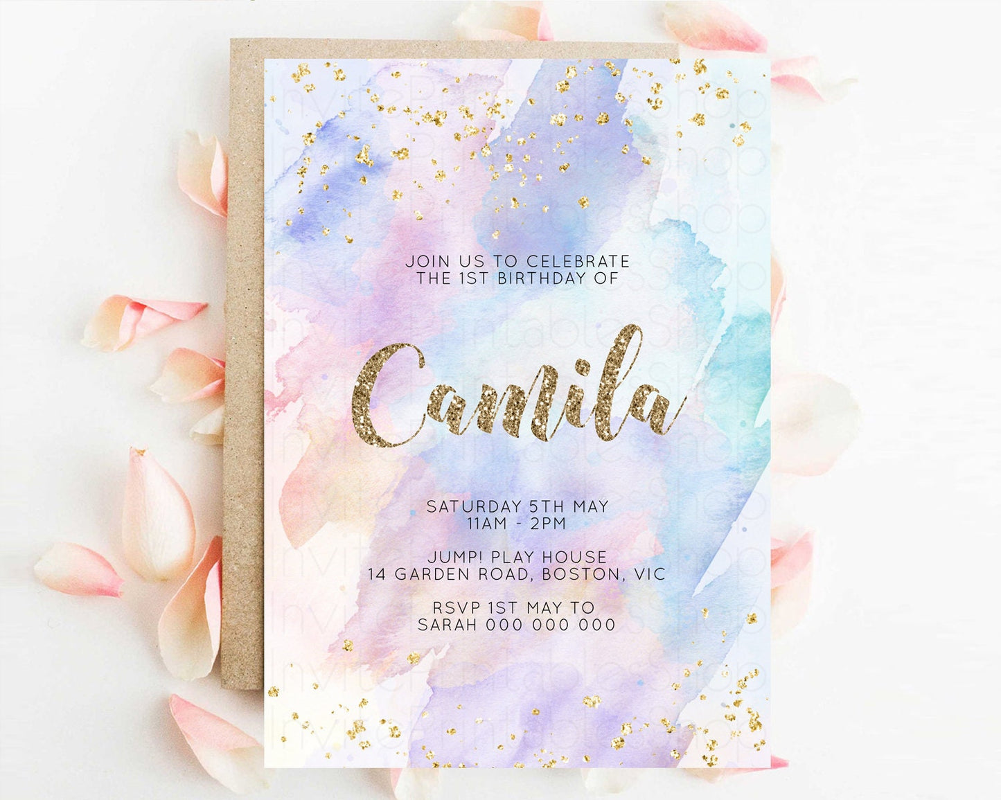 Rainbow Birthday Invitation Pastel Birthday Invitation Ombre Rainbow Invite Colorful Watercolor Invite Glitter Sprinkle Invitation g576