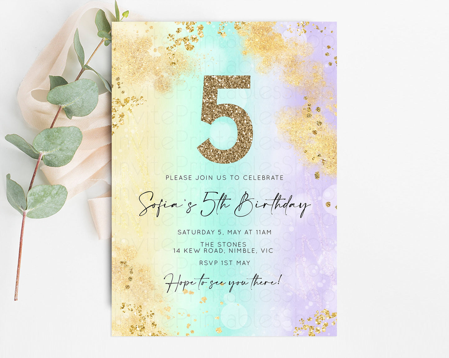 Rainbow Birthday Invitation Pastel Birthday Invite Ombre Watercolor Invite Enchanted Theme Colorful Splash Glitter Sprinkles 1st 2nd 3rd