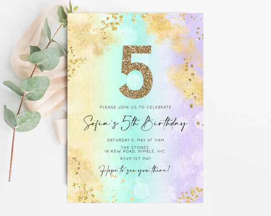 Rainbow Birthday Invitation Pastel Birthday Invite Ombre Watercolor Invite Enchanted Theme Colorful Splash Glitter Sprinkles 1st 2nd 3rd