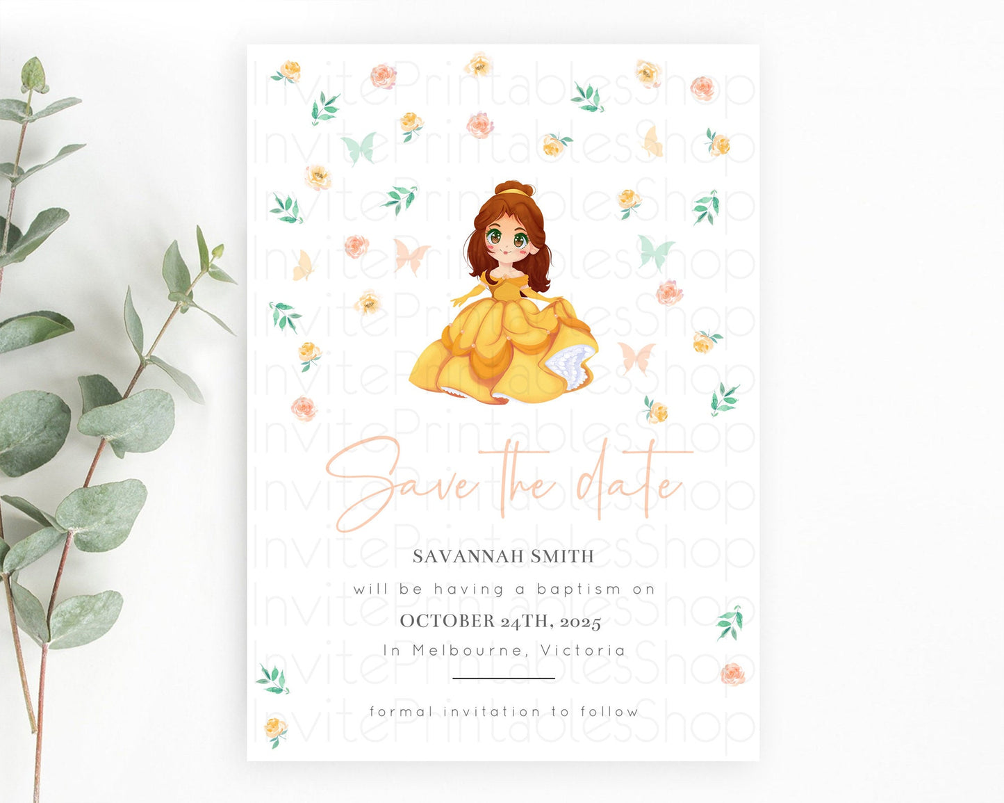 Princess Save The Date Template Secret Garden Enchanted Castle Pastel Floral Royal Party For 1st Birthday Baptism Baby Shower D10890