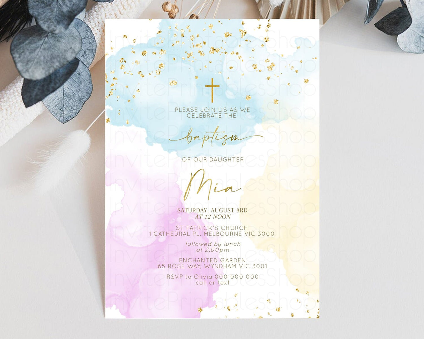 Rainbow Baptism invitation Pastel Rainbow Christening Invite Ombre Watercolor Invite Gold Glitter Sprinkle Splash Cross Religious 190V2