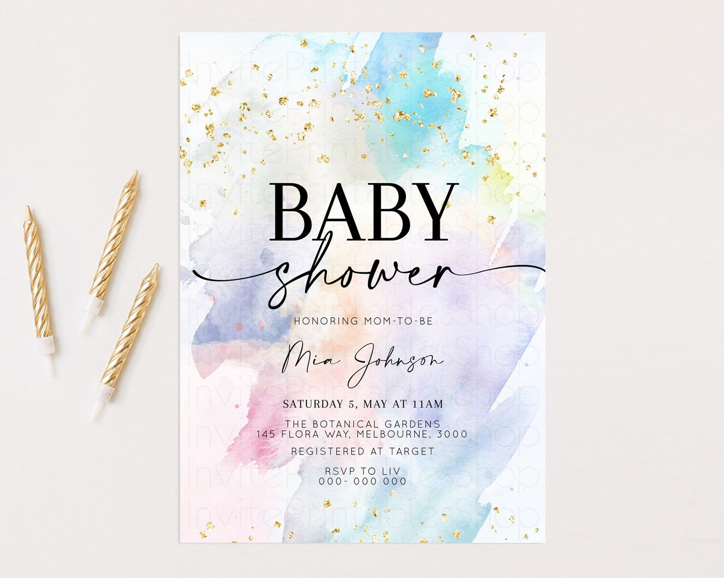 Rainbow Baby Shower Invitation Pastel Baby Sower Invite Colorful Splash Invite Sprinkle Confetti Watercolor Ombre Baby Shower Invite T487