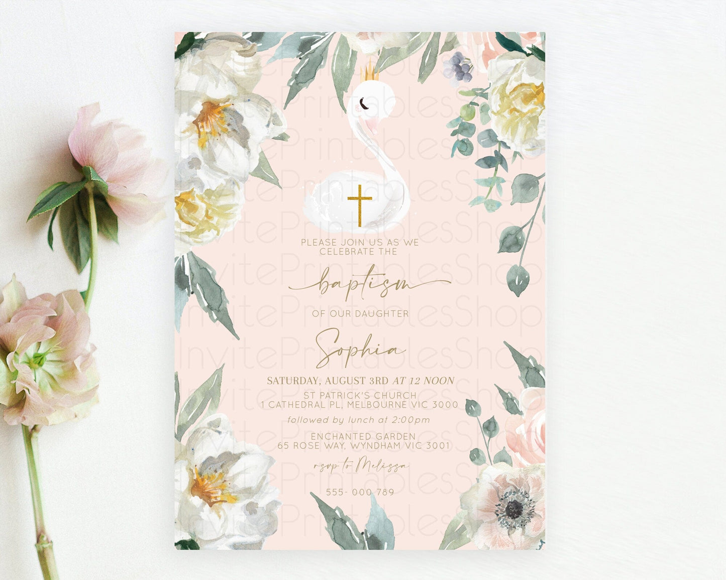 Swan Lake Baptism Invitation Swan Princess Ballet Baptism 1st Birthday Enchanted Forest Secret Garden Watercolour Pastel Floral D10115
