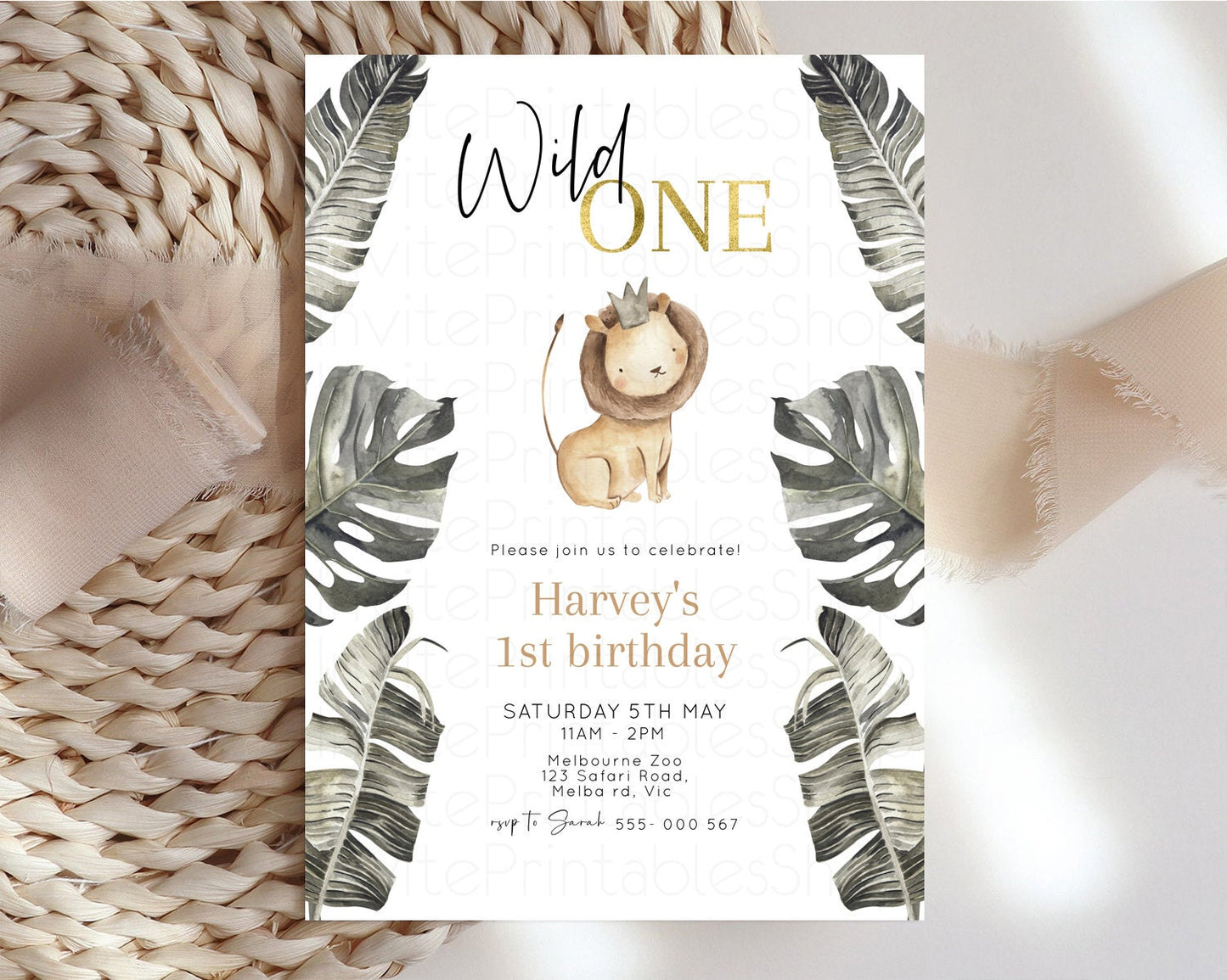 Lion Birthday Invitation Lion 1st Birthday Invite Lion Cub Invitation Lion Safari Invite Wild One Invite Zoo Party Jungle Palm Leaf 584