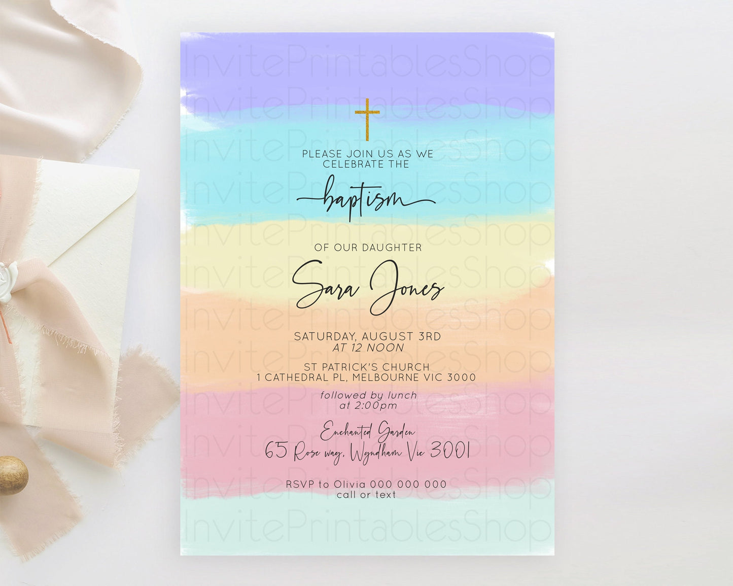 Pastel Baptism Invitation Pastel Colors Watercolor Baptism 1st Birthday Party Gold Ombre Pastel Rainbow Christening Holy Communion D10510