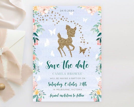 Fawn Deer Save The Date Template Pastel Floral Deer Enchanted Forest Butterfly Party 1st Birthday Baptism Baby Shower Bridal Shower D10875