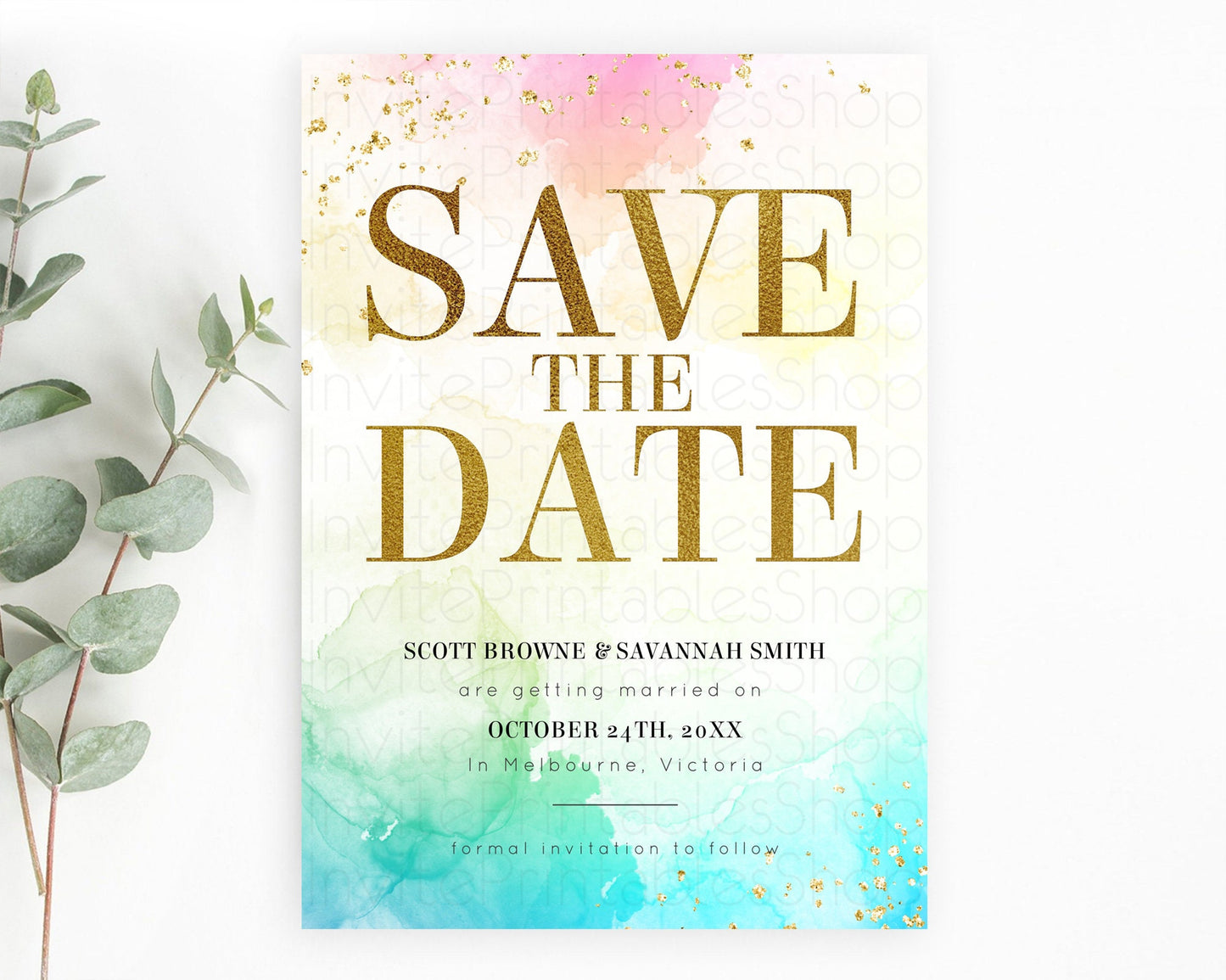 Pastel Save The Date Template Pastel Ombre Rainbow Watercolor Colorful Party For Birthday Baptism Baby Shower Wedding Bridal Shower D10770