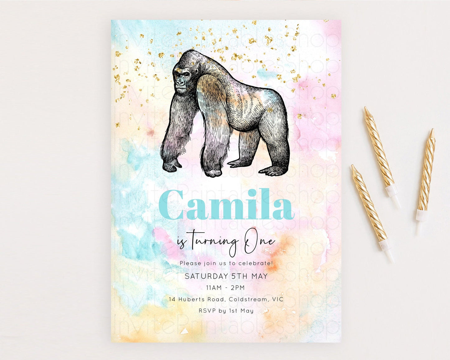 Pastel Gorilla Birthday Invitation Pastel Gorilla Invitation Rainbow Gorilla Invitation Pastel Watercolor Invite Safari Zoo Glitter D10284